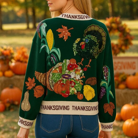 NWT Queen of Sparkles Dark Green Thanksgiving Button Cardigan - Picture 2 of 4